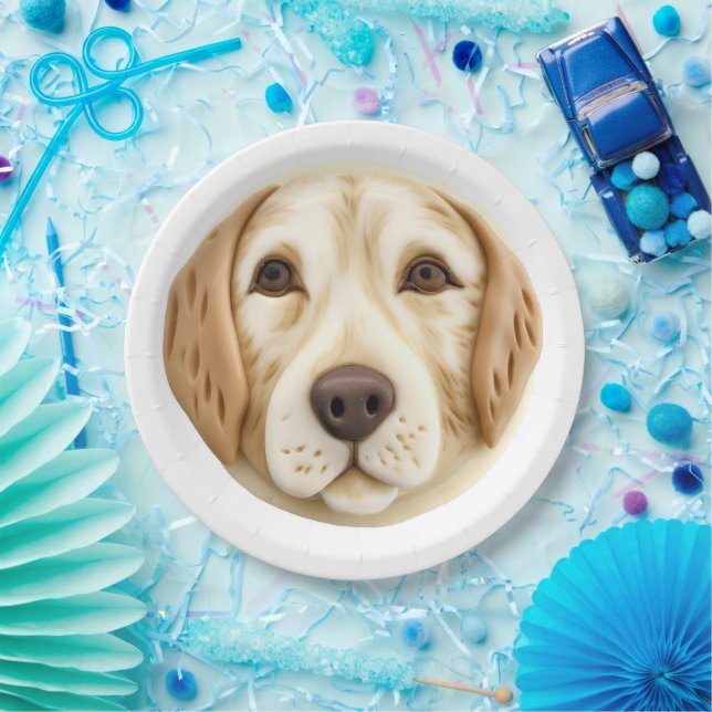 Plato De Papel Perro Retriever Dorado Inspirado en 3D (Fiesta)