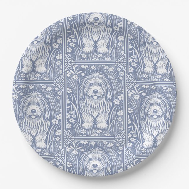 Plato De Papel Perro revuelto dulce de algodón azul y blanco (Anverso)