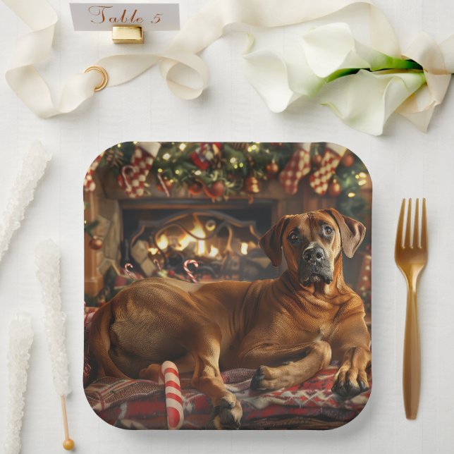 Plato De Papel Perro Ridgeback Rhodesiano Navidad Festiva (Boda)