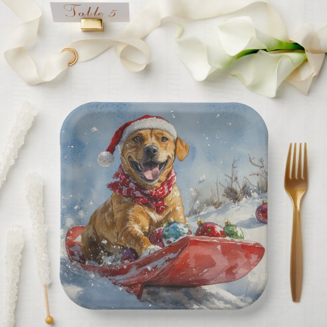Plato De Papel Perro Ridgeback Rodesiano en Trineo de Navidad (Boda)
