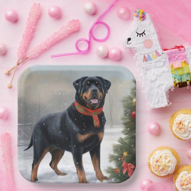 Plato De Papel Perro Rottweiler en Navidad de Nieve (Fiesta)