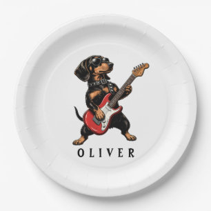 Plato De Papel Perro salchicha Cool Rocker tocando guitarra eléct