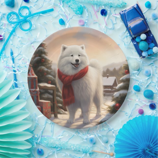 Plato De Papel Perro samoyano en Navidades de nieve (Fiesta)