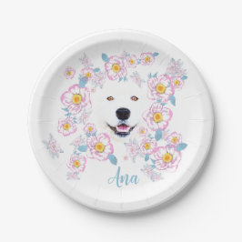 Plato De Papel Perro Samoyed y flores rosadas, nombre personaliza