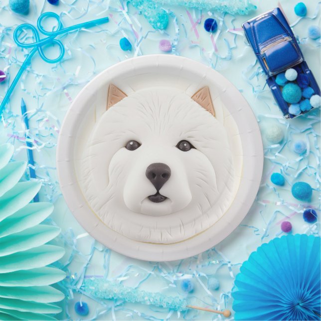 Plato De Papel Perro Samoyedo Inspirado en 3D (Fiesta)