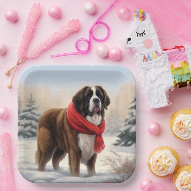 Plato De Papel Perro San Bernardo en Navidad con Nieve  (Fiesta)