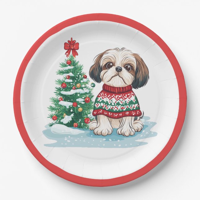 Plato De Papel Perro Santa Shih Tzu Navidad (Anverso)