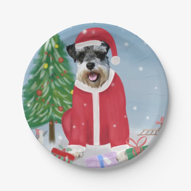 Plato De Papel Perro Schnauzer en Navidades de nieve (Anverso)