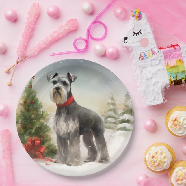 Plato De Papel Perro Schnauzer en Navidades de nieve (Fiesta)