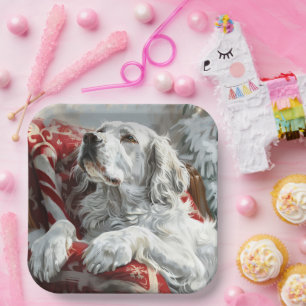 Plato De Papel Perro Setter Inglés Festividad de Navidad