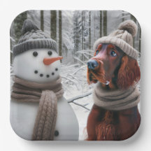 Perro Setter Irlandés Con un Muñeco de Nieve