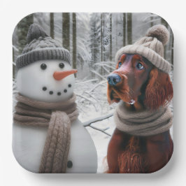 Plato De Papel Perro Setter Irlandés Con un Muñeco de Nieve