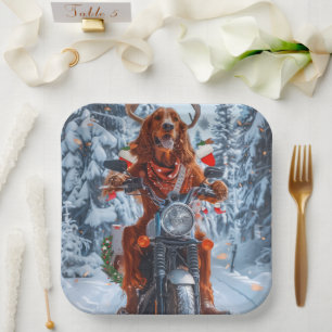 Plato De Papel Perro Setter Rojo Irlandés Montando Motocicleta Na