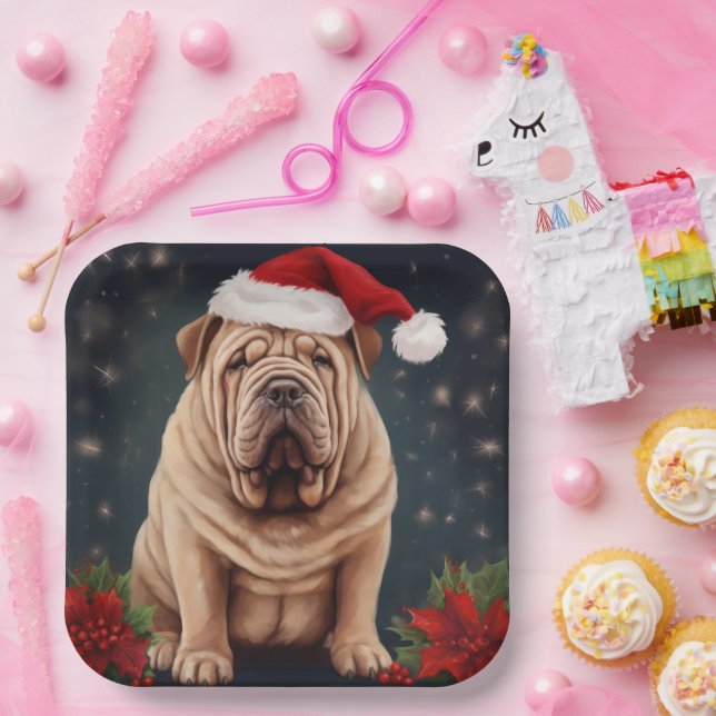 Plato De Papel Perro Shar Pei en Navidades de nieve (Fiesta)
