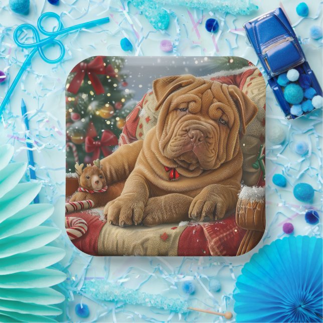 Plato De Papel Perro Shar Pei Navidad Festiva (Fiesta)