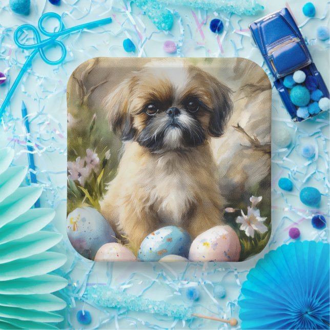 Plato De Papel Perro Shih Tzu con festividad de huevos de Pascua (Fiesta)
