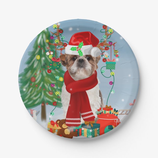 Plato De Papel Perro Shih Tzu en Navidades de nieve (Anverso)