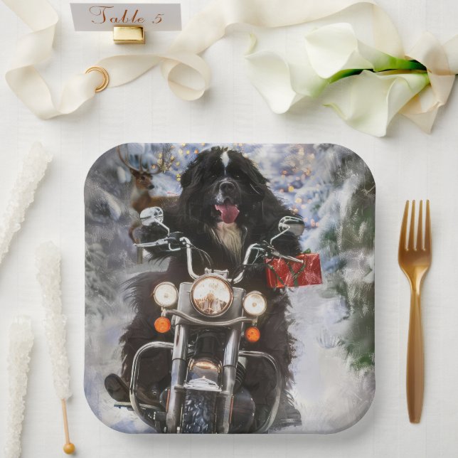 Plato De Papel Perro Terranova montando motocicleta Navidad  (Boda)