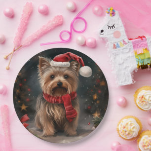 Plato De Papel Perro Terrier de Yorkshire en Navidades de Nieve