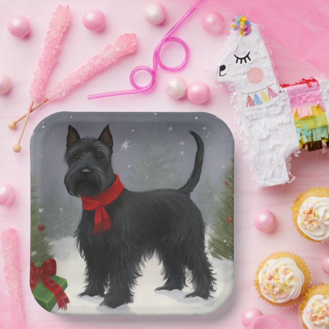 Plato De Papel Perro Terrier Escocés en Navidad con Nieve (Fiesta)