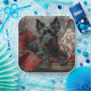 Plato De Papel Perro Terrier Escocés Navidad Festiva