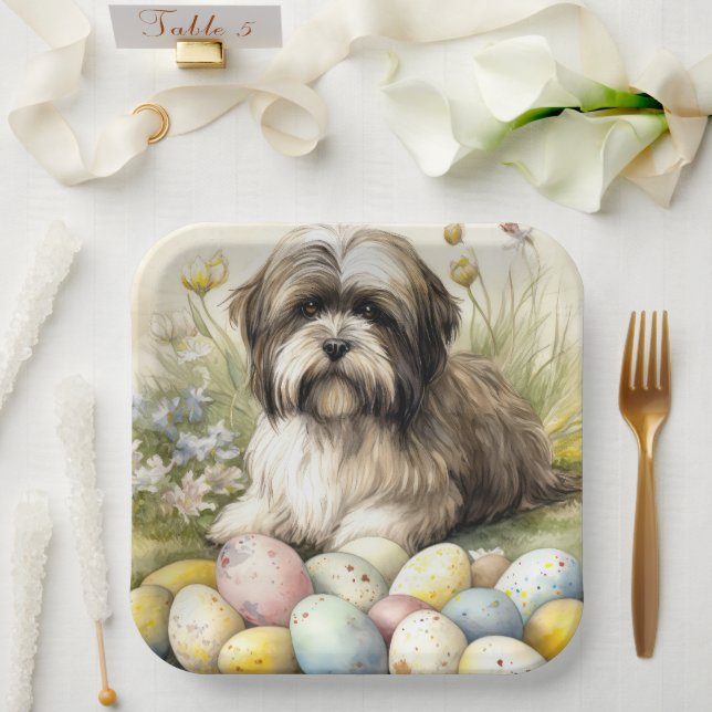 Plato De Papel Perro Terrier Tibetano con huevos de Pascua (Boda)