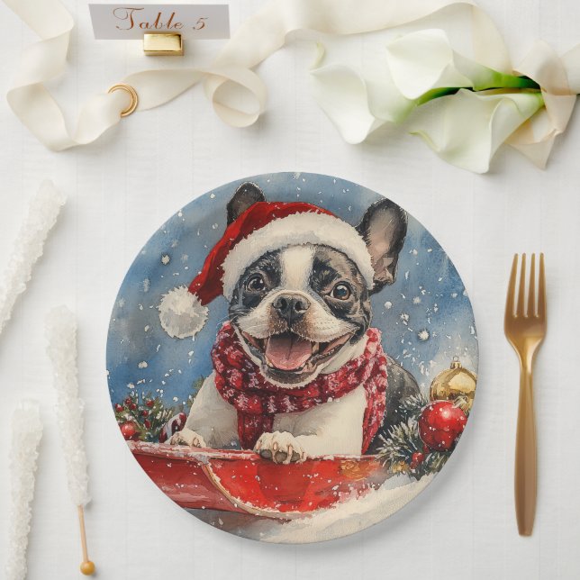Plato De Papel Perro terrorífico de Boston con mangas y Navidades (Boda)