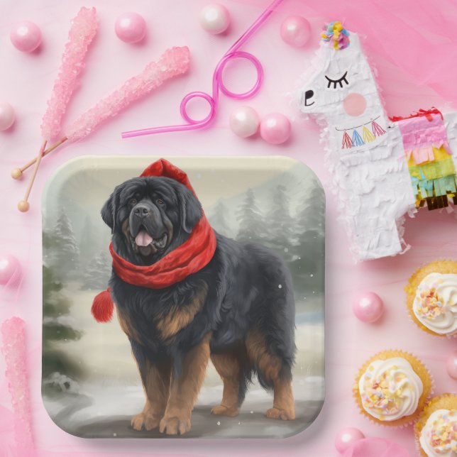 Plato De Papel Perro tibetano castiff en Navidades de nieve (Fiesta)