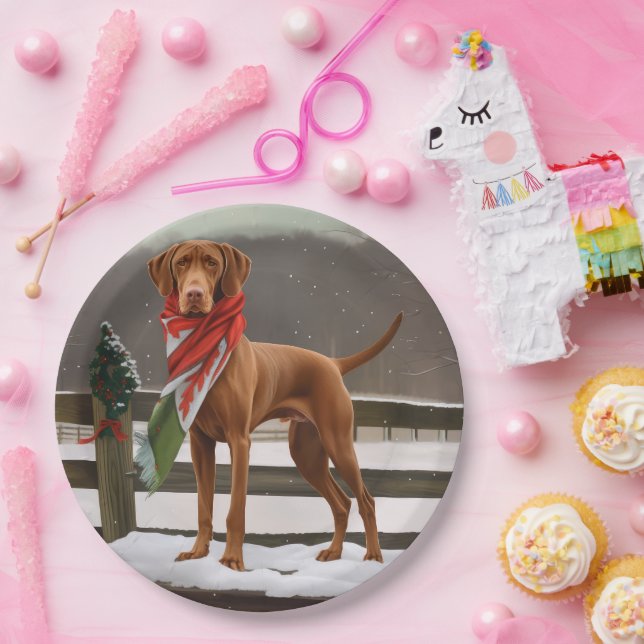 Plato De Papel Perro Vizsla en Navidades de nieve (Fiesta)