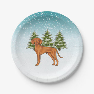 Plato De Papel Perro Vizsla Húngaro Bosque Invernal Nevado Festiv