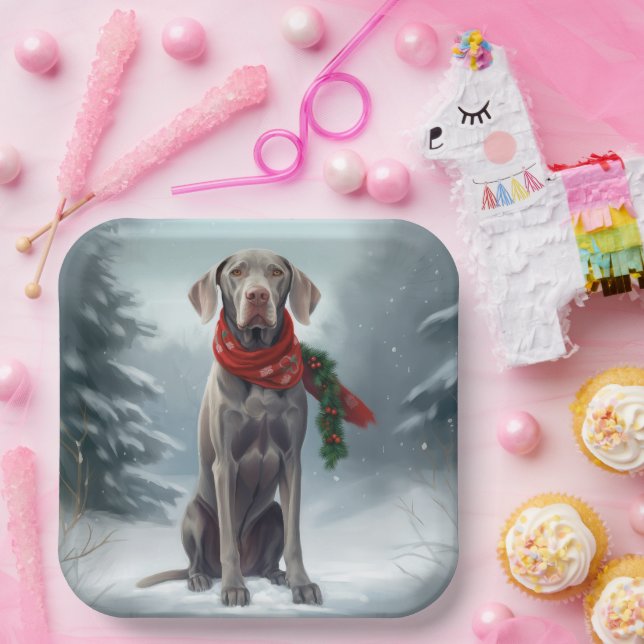 Plato De Papel Perro Weimaraner en Navidad con nieve (Fiesta)
