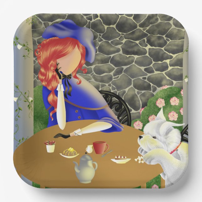 Plato De Papel Perro y dama en el café al atardecer (Anverso)