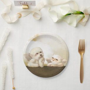 Plato De Papel Perro y gato angélicos en la nube