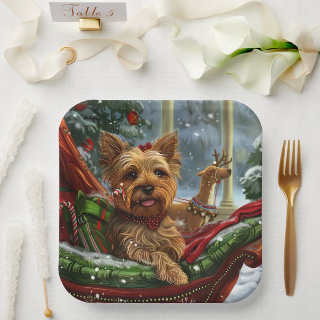 Plato De Papel Perro Yorkshire Terrier Navidad Festiva (Boda)