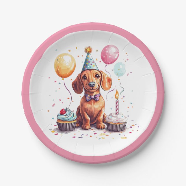 Plato De Papel Perros Dachshund de cumpleaños (Anverso)