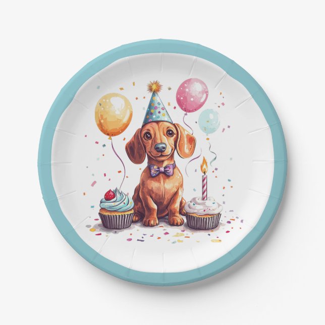 Plato De Papel Perros Dachshund de cumpleaños (Anverso)