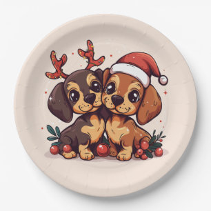 Plato De Papel Perros Dachshund de Navidad