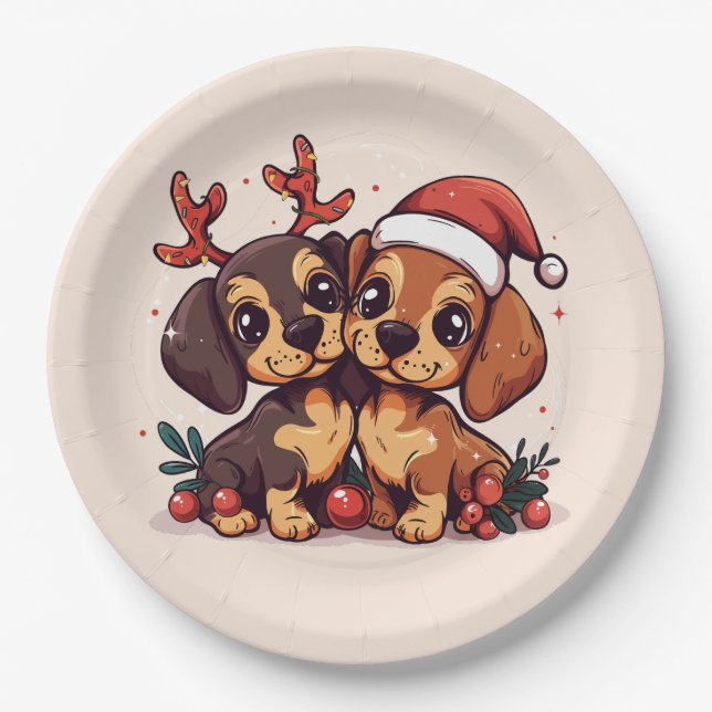 Plato De Papel Perros Dachshund de Navidad (Anverso)