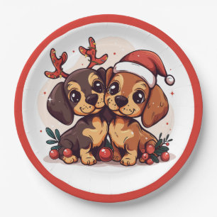 Plato De Papel Perros Dachshund de Navidad