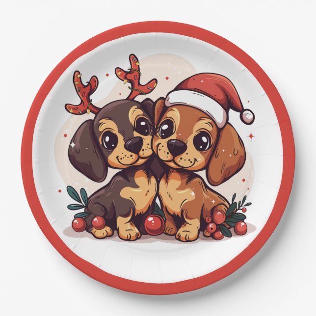 Plato De Papel Perros Dachshund de Navidad (Anverso)
