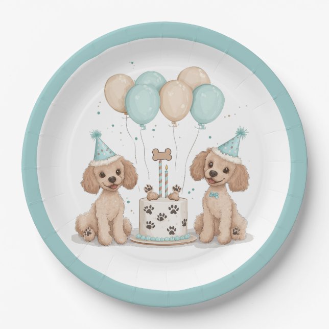 Plato De Papel Perros de canapé estándar de cumpleaños (Anverso)