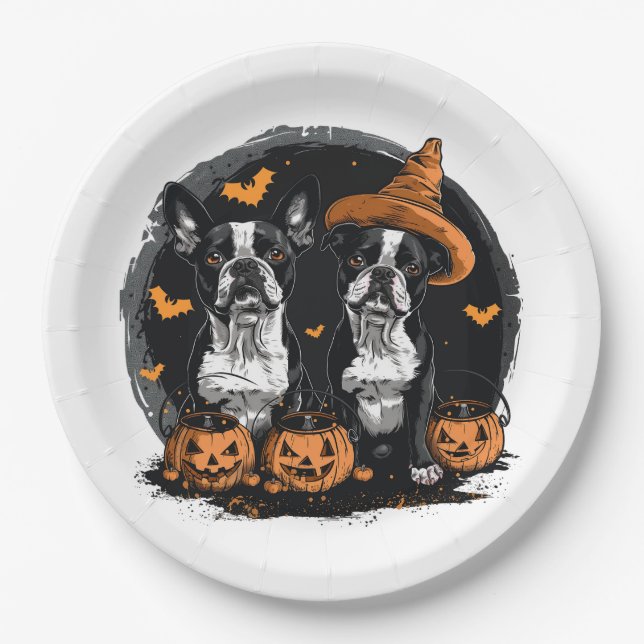 Plato De Papel Perros de Halloween Boston Terrier (Anverso)