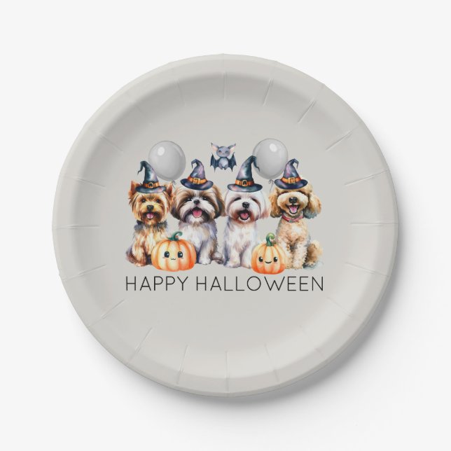 Plato De Papel Perros de Halloween felices (Anverso)