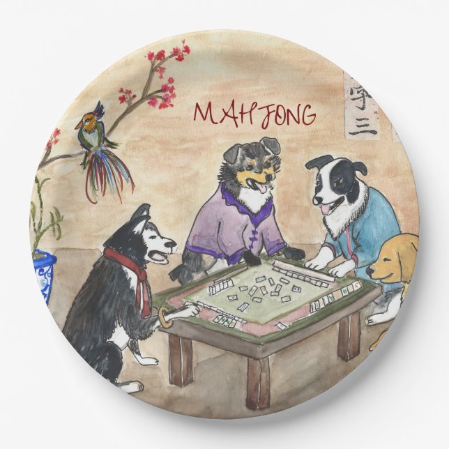 Plato De Papel Perros de Mahjong - (Anverso)