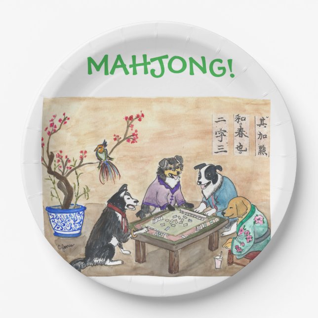 Plato De Papel Perros de Mahjong - (Anverso)