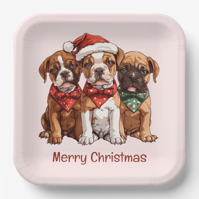 Plato De Papel Perros del Boxer navideño (Anverso)