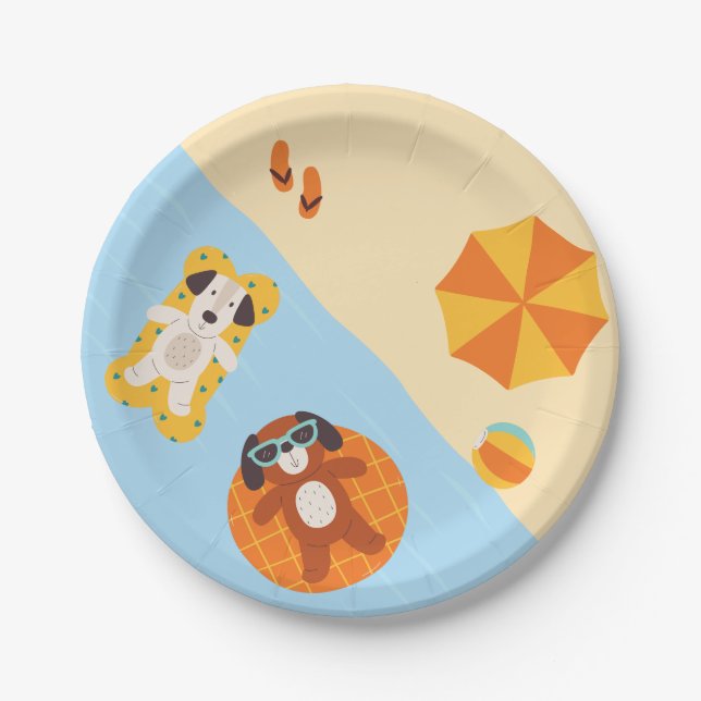 Plato De Papel Perros divertidos de verano en la playa (Anverso)