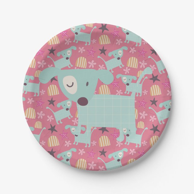 Plato De Papel Perros, estrellas y flores (Anverso)