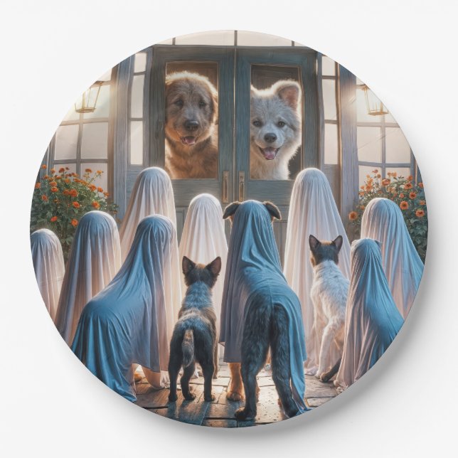 Plato De Papel Perros fantasma de Halloween (Anverso)