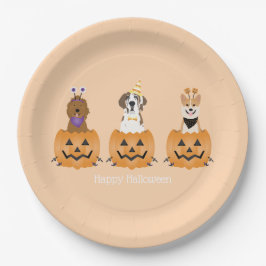 Plato De Papel Perros felices de Halloween en calabazas